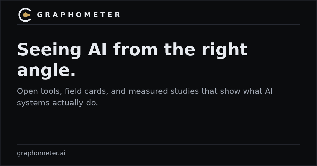 The graphometer.ai card: "Seeing AI from the right angle." in bold white on near-black.